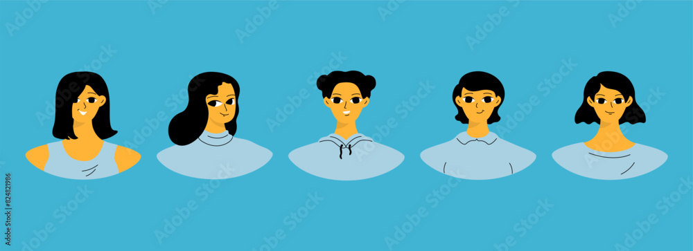 Obraz premium Set of female user portraits. Collection of varios young women faces. Isolated flat vector in simple cartoon style.