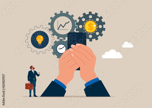 Businessman with smartphone optimize cost and expense for better profit strategy. Flat vector illustration