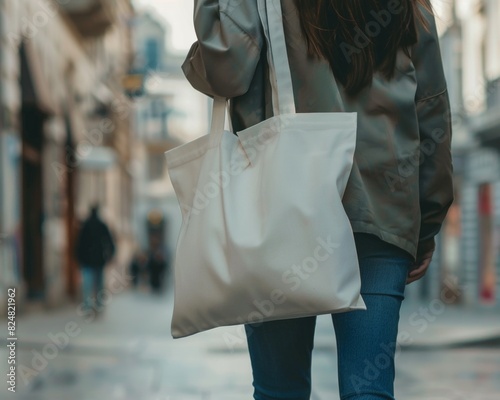 Photo of a woman carrying a white Tote bag, mockup