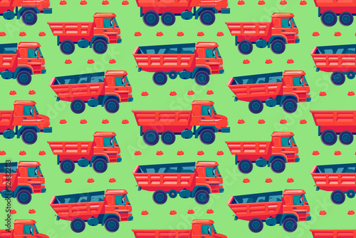 Bright red dump trucks and safety cones on a green background create a playful seamless pattern, perfect for children's designs.