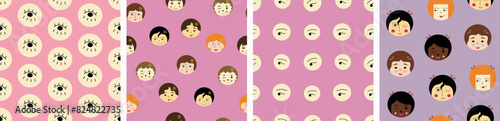 Four surface patterns, handsome girlish faces. For wrapping paper, textile, branding, women look, backdrop design.