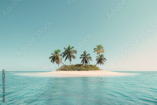 Paradise small tropical island with palm coconut trees surrounded by turquoise ocean. Concept of exotic vacation and island paradise