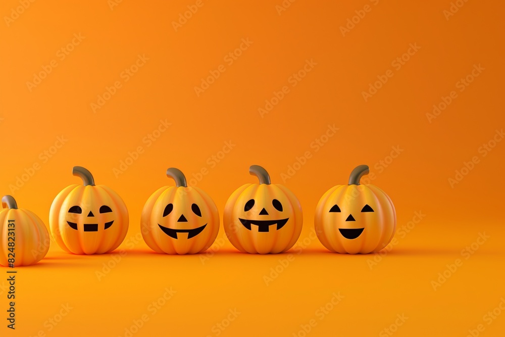 Adorable Halloween pumpkins on vivid orange backdrop. Minimalist 3D rendering Adorable Halloween pumpkins on vivid orange backdrop. Minimalist 3D rendering