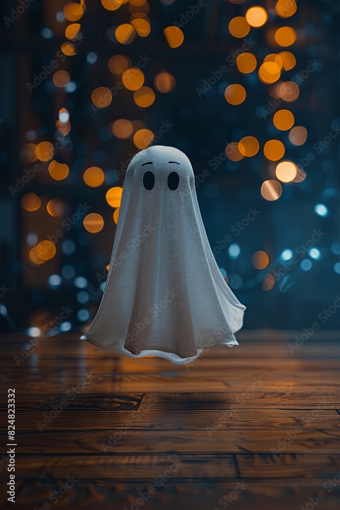 Cute floating white ghost on dark background with wooden floor. Cinematic Halloween ambiance Cute floating white ghost on dark background with wooden floor. Cinematic Halloween ambiance