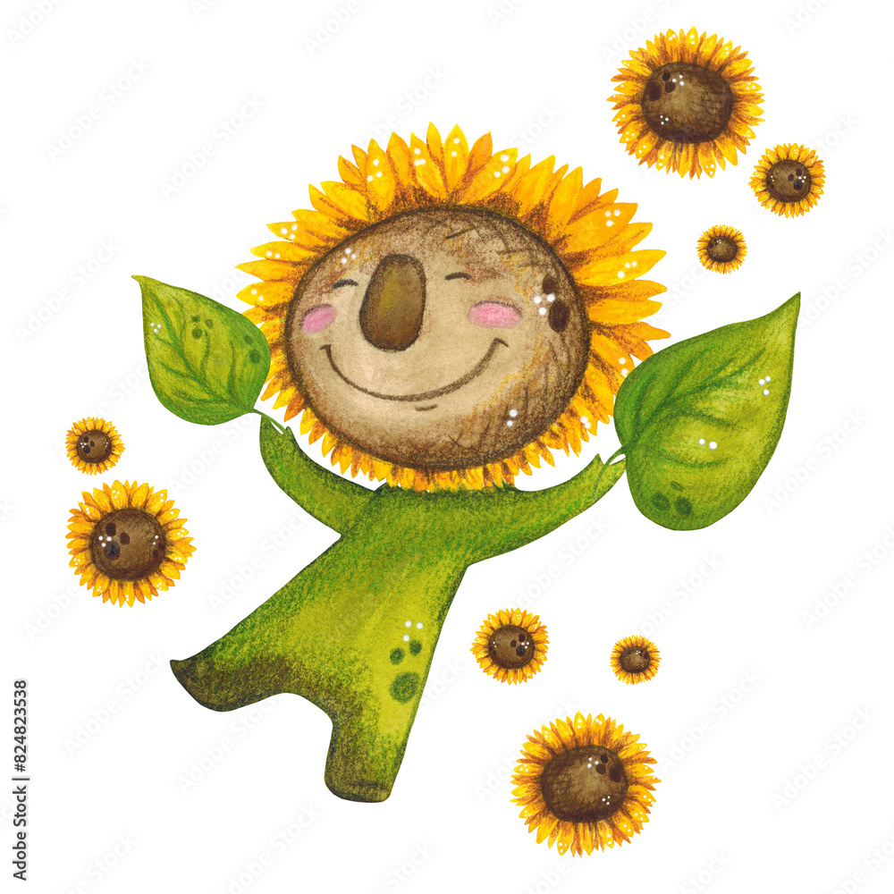 Watercolor composition cartoon character happy sunflower. Hand drawn ...