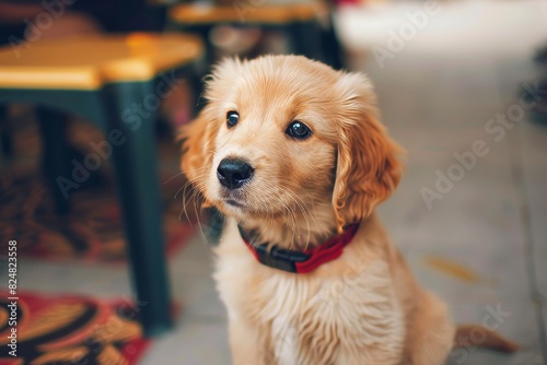 Adorable puppy gazes up at owner with pleading eyes, hoping for a delicious treat photo