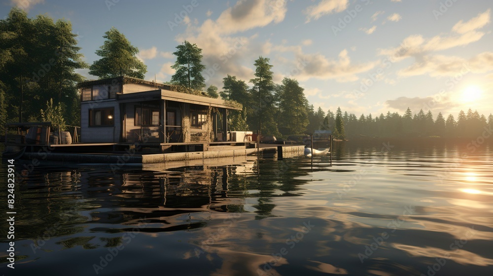 A photo of Houseboat Living Capturing Tranquil light A photo of Houseboat Living Capturing Tranquil light