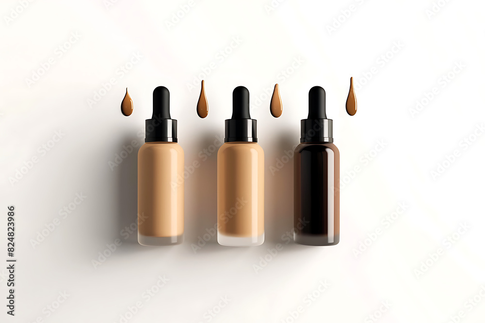 set of bottles with liquid foundation of various shades on white background, mockup template cosmetics make up tubes, flat lay, top view, copy space set of bottles with liquid foundation of various shades on white background, mockup template cosmetics make up tubes, flat lay, top view, copy space