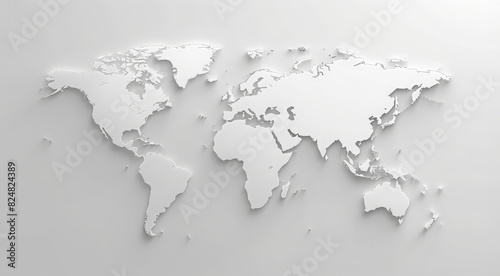 A simple white world map with light gray background. The design is minimalistic and elegant, focusing on the outline of each country in soft shadows against a clean grey backdrop photo