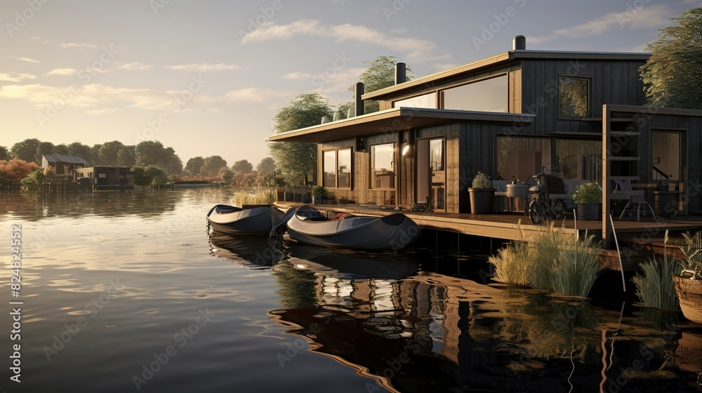 Fototapeta premium A photo of Houseboat Living Capturing Tranquil light