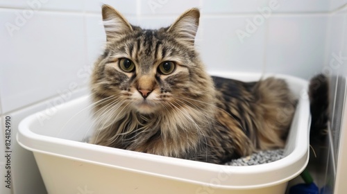 A fat cat sitting in a spacious litter box, with its head turned to look at the camera, capturing a candid bathroom moment.