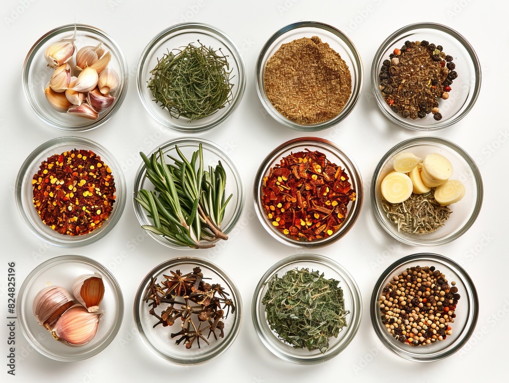 A diverse assortment of fresh ingredients and aromatic spices meticulously arranged on a wooden surface, forming a vibrant display for marinating or seasoning culinary creations. A diverse assortment of fresh ingredients and aromatic spices meticulously arranged on a wooden surface, forming a vibrant display for marinating or seasoning culinary creations.