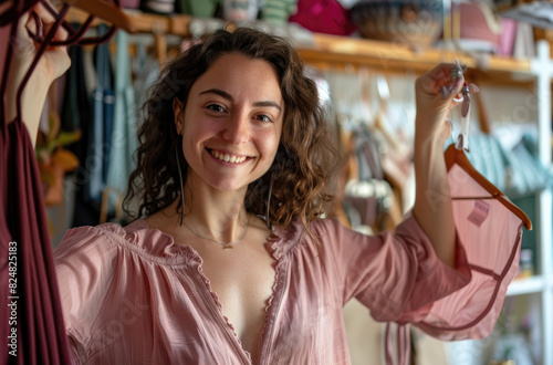 A woman is smiling and looking at hangers in her room, trying to choose one for herself. She has curly brown hair and wears an elegant pink blouse with puffed sleeves