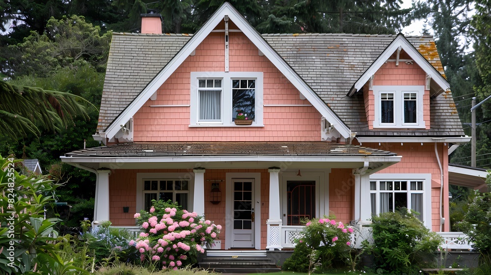 Craft man house exterior painted in peachy pink with white trims