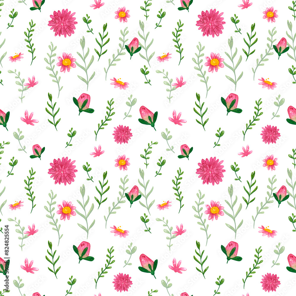 Seamless pattern of meadow flowers. hand drawn watercolor illustration. floral, flower, flowers, summer, meadow, pink, green, plants, chrysanthemum, aster Seamless pattern of meadow flowers. hand drawn watercolor illustration. floral, flower, flowers, summer, meadow, pink, green, plants, chrysanthemum, aster