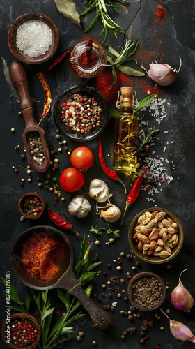 Assortment of various ingredients and spices used for marinade or seasoning