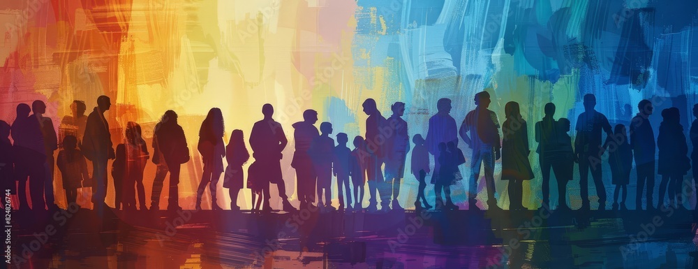A group of diverse people stand together in front of a colorful abstract background