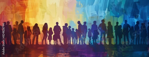 A group of diverse people stand together in front of a colorful abstract background