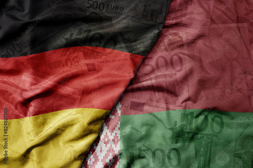 big waving realistic national flag of belarus and national flag of germany on a euro money banknotes background. finance concept.
