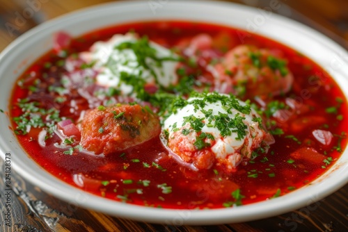 Delicious traditional ukrainian borscht soup with meatballs, garnished with sour cream, fresh herbs, and chopped onions, served in a vibrant bowl on a rustic wooden table photo