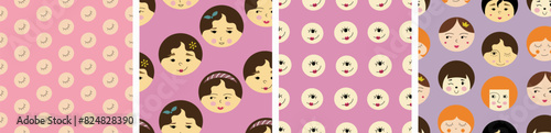 Collection of four surface patterns, attractive girlish faces. Colored seamless background, woman look, repeatable print.