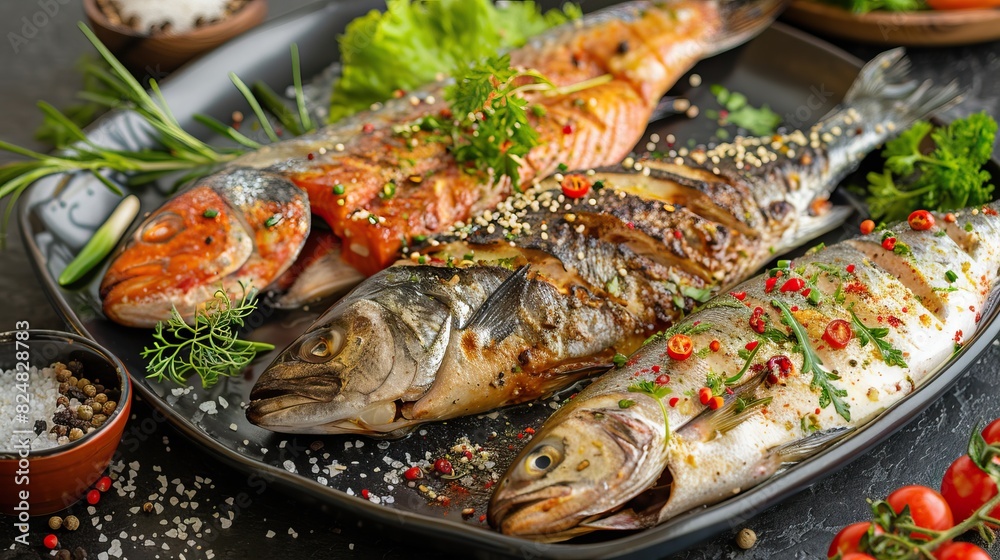 Capturing the process of marinating fish with a variety of seasonings Capturing the process of marinating fish with a variety of seasonings