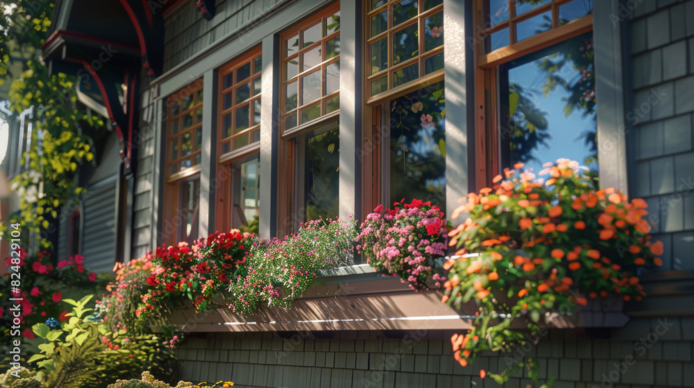 A Craftsman house with a bay window adorned with flower boxes, the blooms bright and focused in the image 