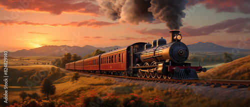 Vintage Steam Train at Sunset with Mountain Landscape