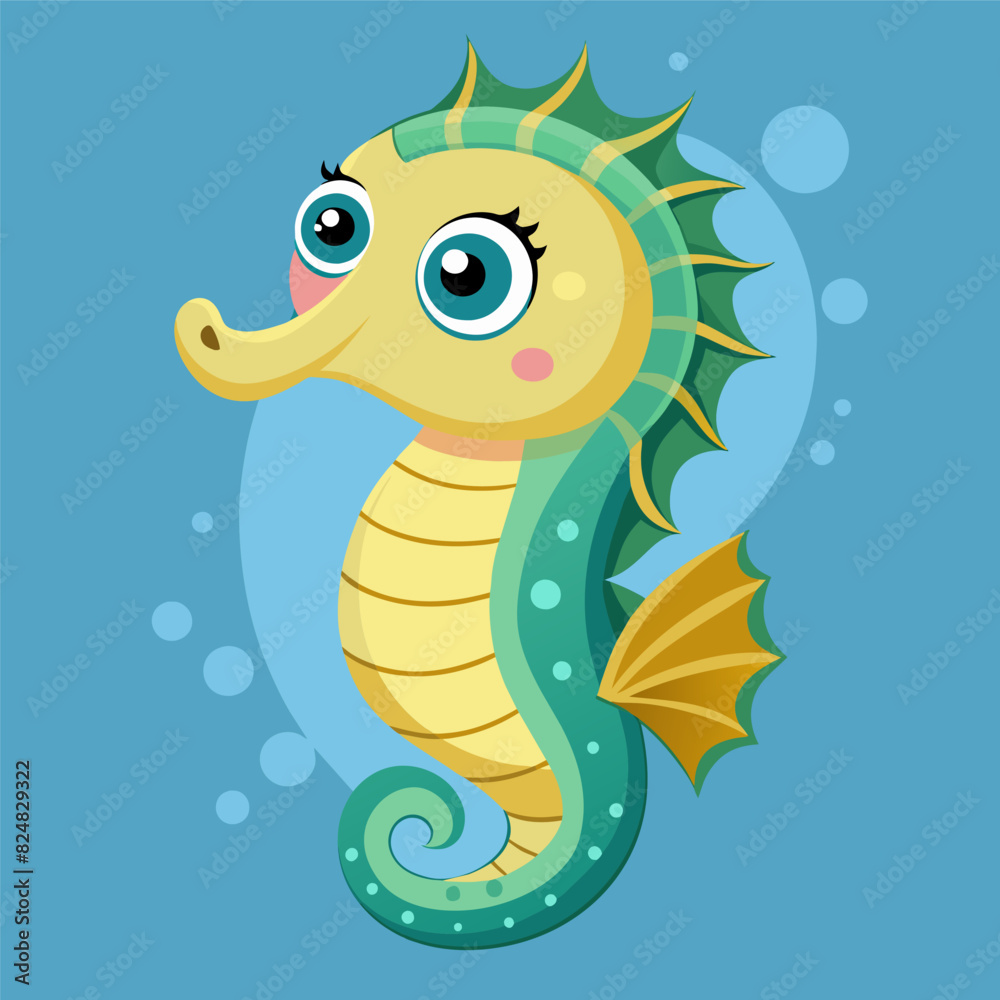 Fototapeta premium Cute Seahorse Drawing, Seahorse Colorful Flat Illustration