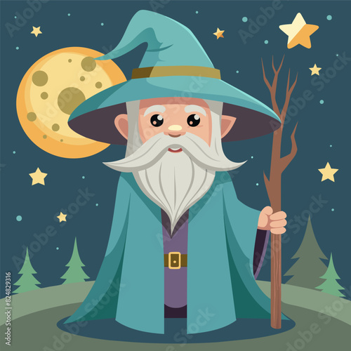 Cute Wizard Drawing, Wizard Colorful Flat Illustration