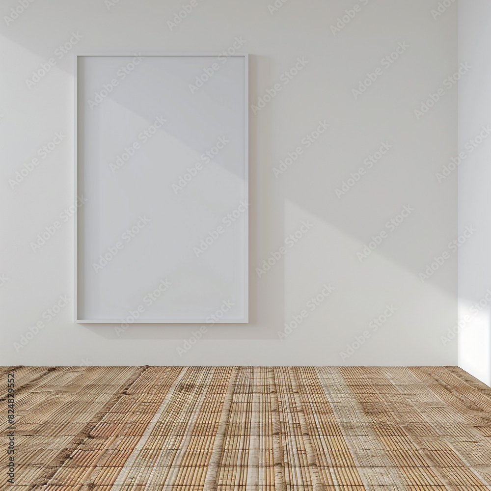 Ultra high definition 3D mockup of a blank frame in an empty room with a white wall and a bamboo mat floor. Modern, realistic render. Ultra high definition 3D mockup of a blank frame in an empty room with a white wall and a bamboo mat floor. Modern, realistic render.