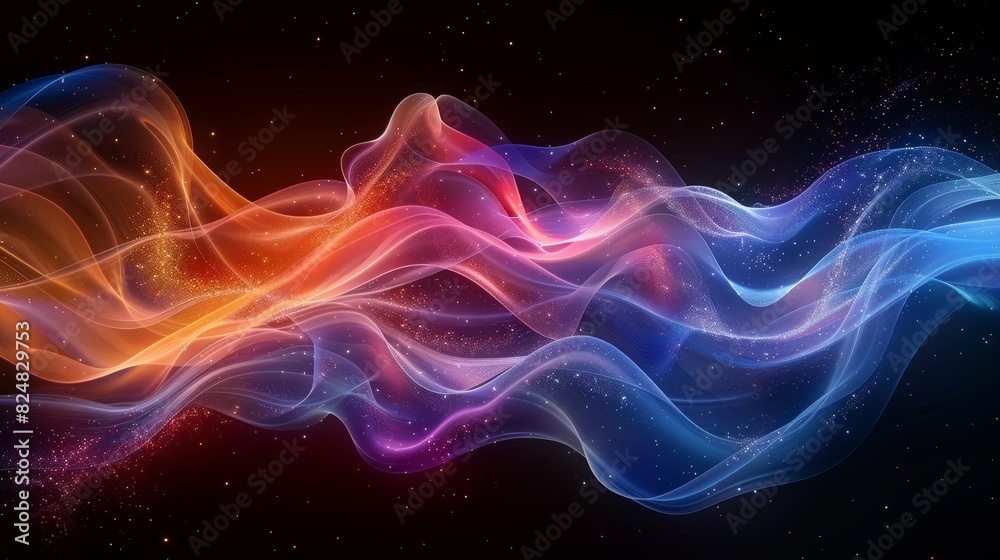 Vivid abstract representation of fluid cosmic waves with a sparkling stardust effect against a dark backdrop