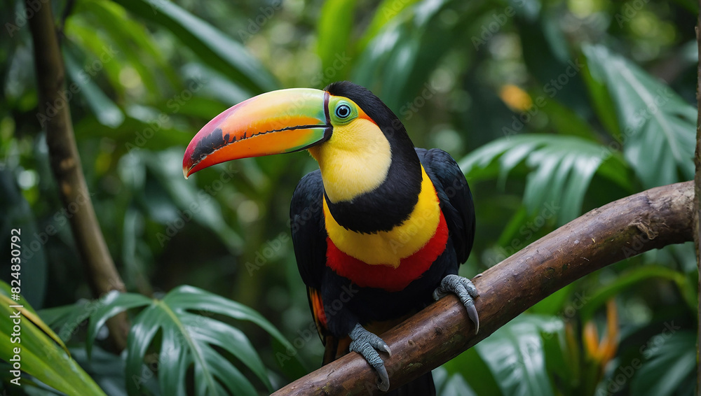 Fototapeta premium A colorful toucan with its large, vibrant beak holding a piece of tropical fruit. The background is a lush, green jungle canopy.