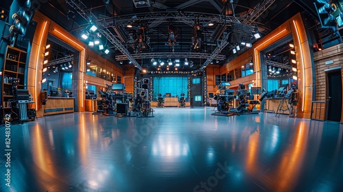 An expansive, empty television studio with professional equipment, lights, and a stage set up