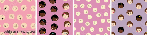 Four seamless patterns, nice girlish faces. Vector illustration in simple flat style, feminine look, bright art background.