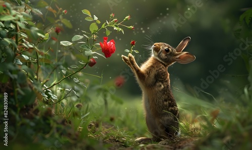 A small rabbit and red rose, Generative AI © simba kim