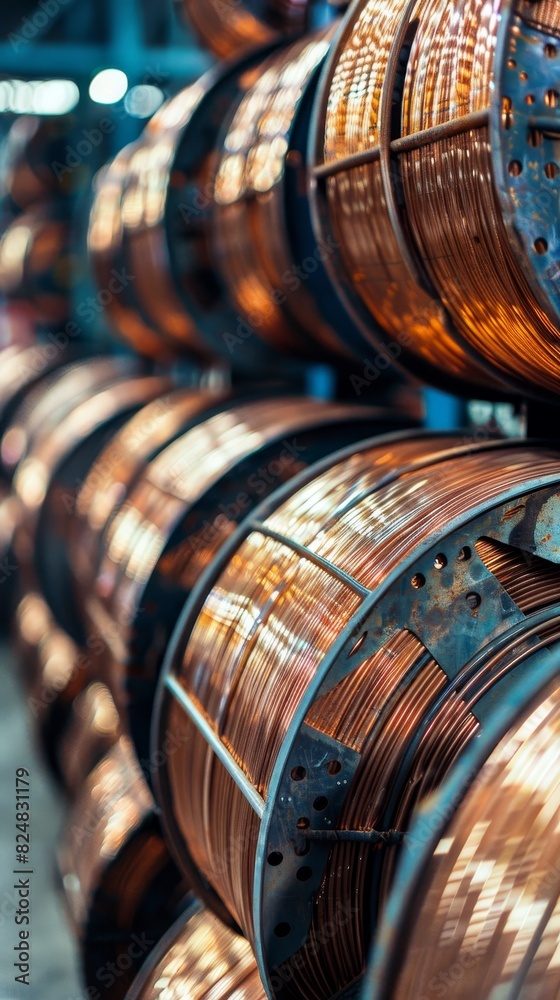 Close-up of copper wires coiled on storage reels in a factory setting, capturing the industrial process and material in sharp, detailed focus. Close-up of copper wires coiled on storage reels in a factory setting, capturing the industrial process and material in sharp, detailed focus.