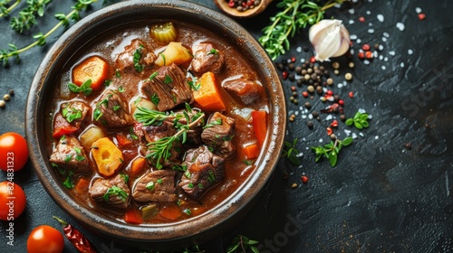 A deliciously prepared beef stew with carrots, potatoes, and herbs in a rustic bowl photo