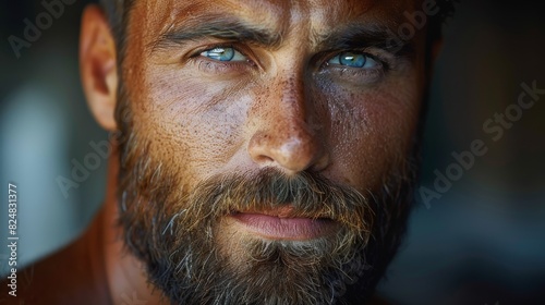 Detailed portrait of an adult male with intense eyes and rugged stubble highlighting his masculinity and strength photo