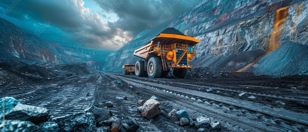 Industrial mining landscape with a massive truck under dramatic skies, showcasing raw mineral extraction and heavy machinery in a quarry. Industrial mining landscape with a massive truck under dramatic skies, showcasing raw mineral extraction and heavy machinery in a quarry.