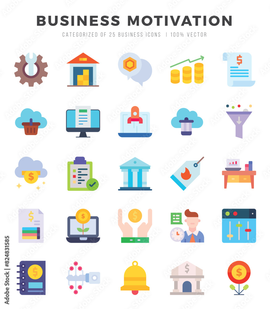 BUSINESS MOTIVATION Flat icons collection. Flat icons pack. Vector illustration BUSINESS MOTIVATION Flat icons collection. Flat icons pack. Vector illustration