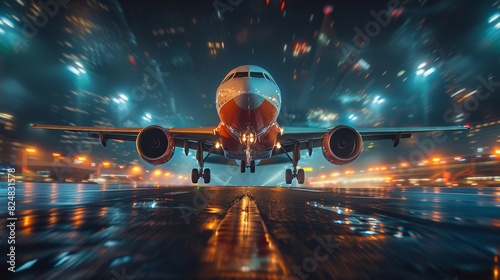 Impressive view of an airplane landing with dynamic lighting and weather effects photo