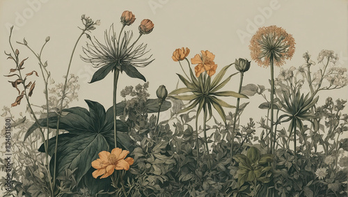 A detailed botanical illustration in a vintage style, showcasing various plants and flowers with intricate line work and muted colors.