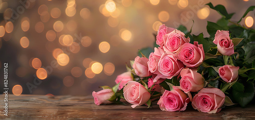 A bouquet of pink roses atop a wooden table, bokeh lights background