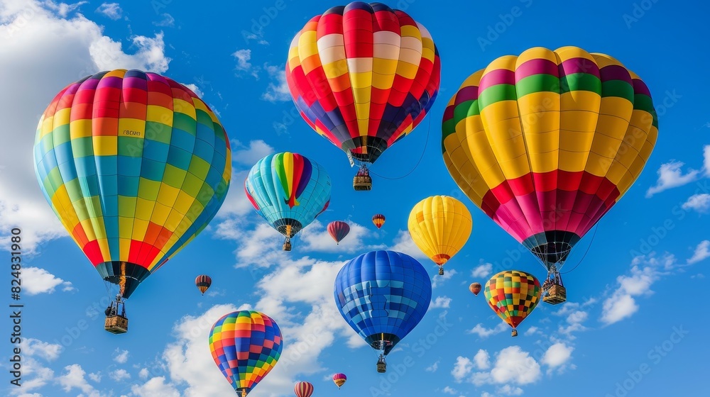 Group of colorful hot air balloons taking flight 