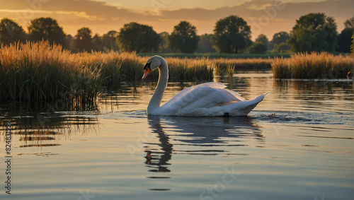 A graceful swan gliding across a calm lake at dusk  its reflection mirrored perfectly in the water. The background includes a setting sun and reeds along the shore.