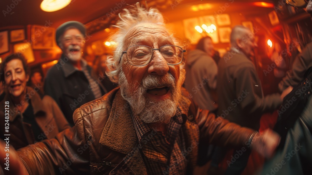 Excited elderly man with glasses enjoys a party or social gathering at a warmly lit pub with other patrons
