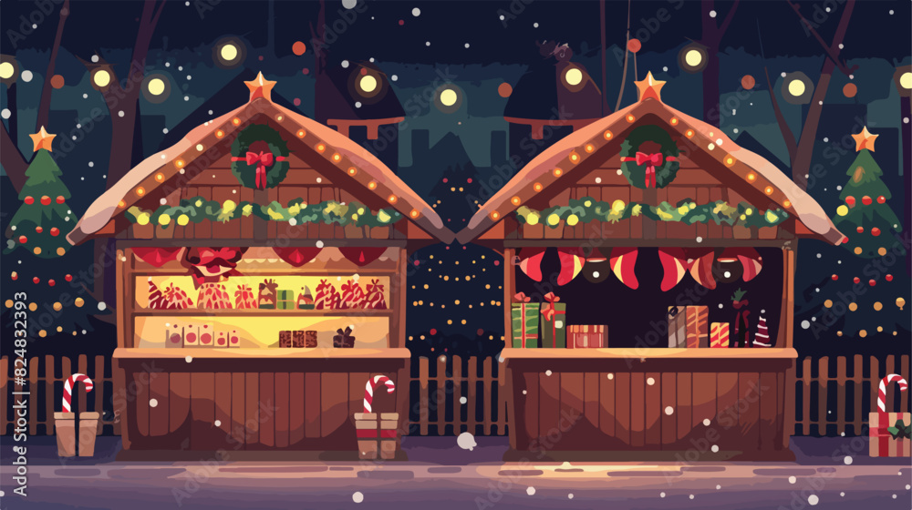 Christmas stalls. Wooden souvenirs kiosks for winter