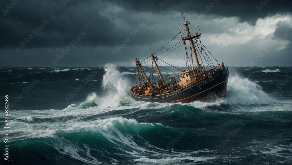 image of a wooden fishing trawler battling image of a wooden fishing trawler battling
