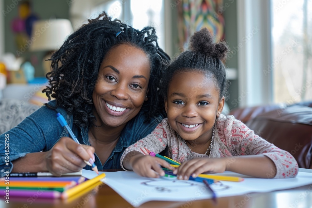 Fototapeta premium African American mothers and daughters write at home